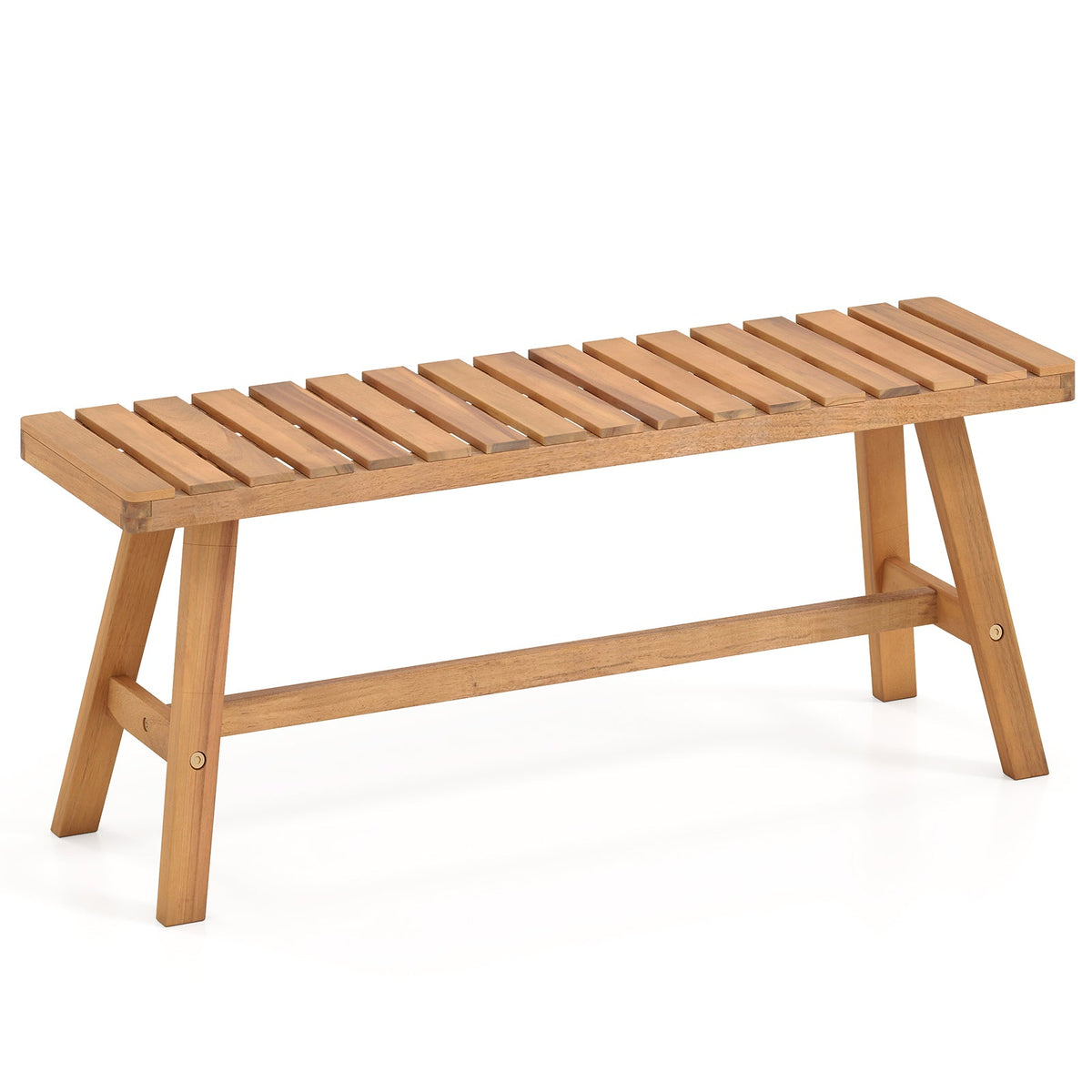 Acacia wood outdoor bench with slatted seat, angled end and cross-brace support legs