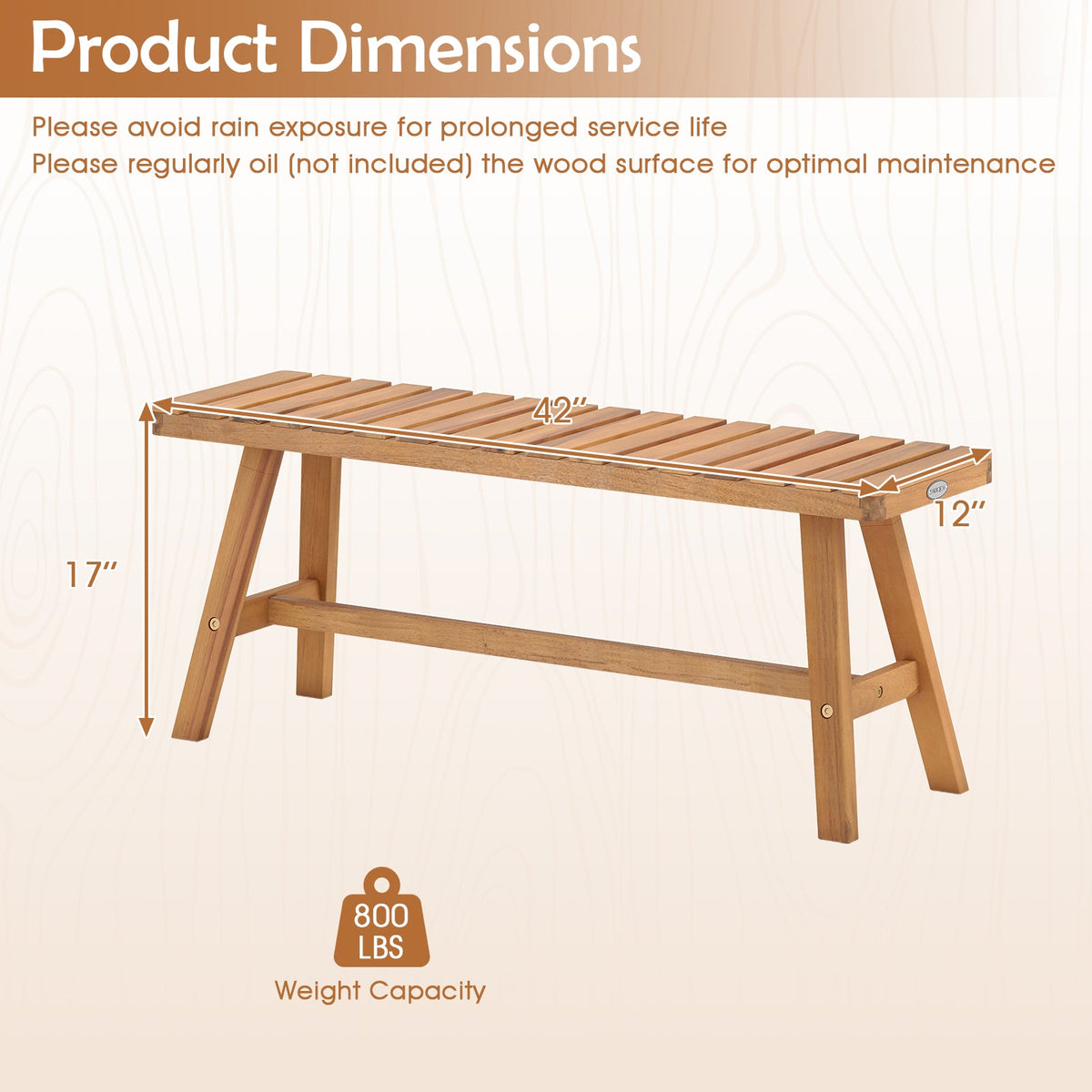 Acacia wood outdoor bench side view with slatted seat and 4 support legs
