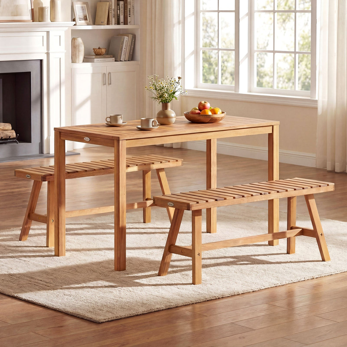 Acacia wood outdoor bench set with slatted seats on sturdy legs, shown with matching table