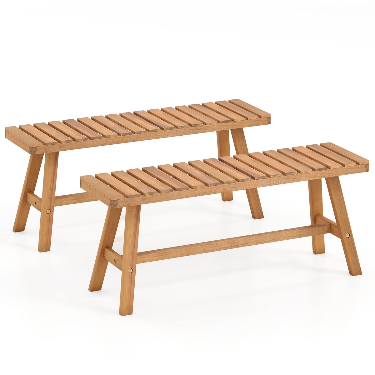 Two acacia wood outdoor benches with slatted seats and cross-braced legs, angled view