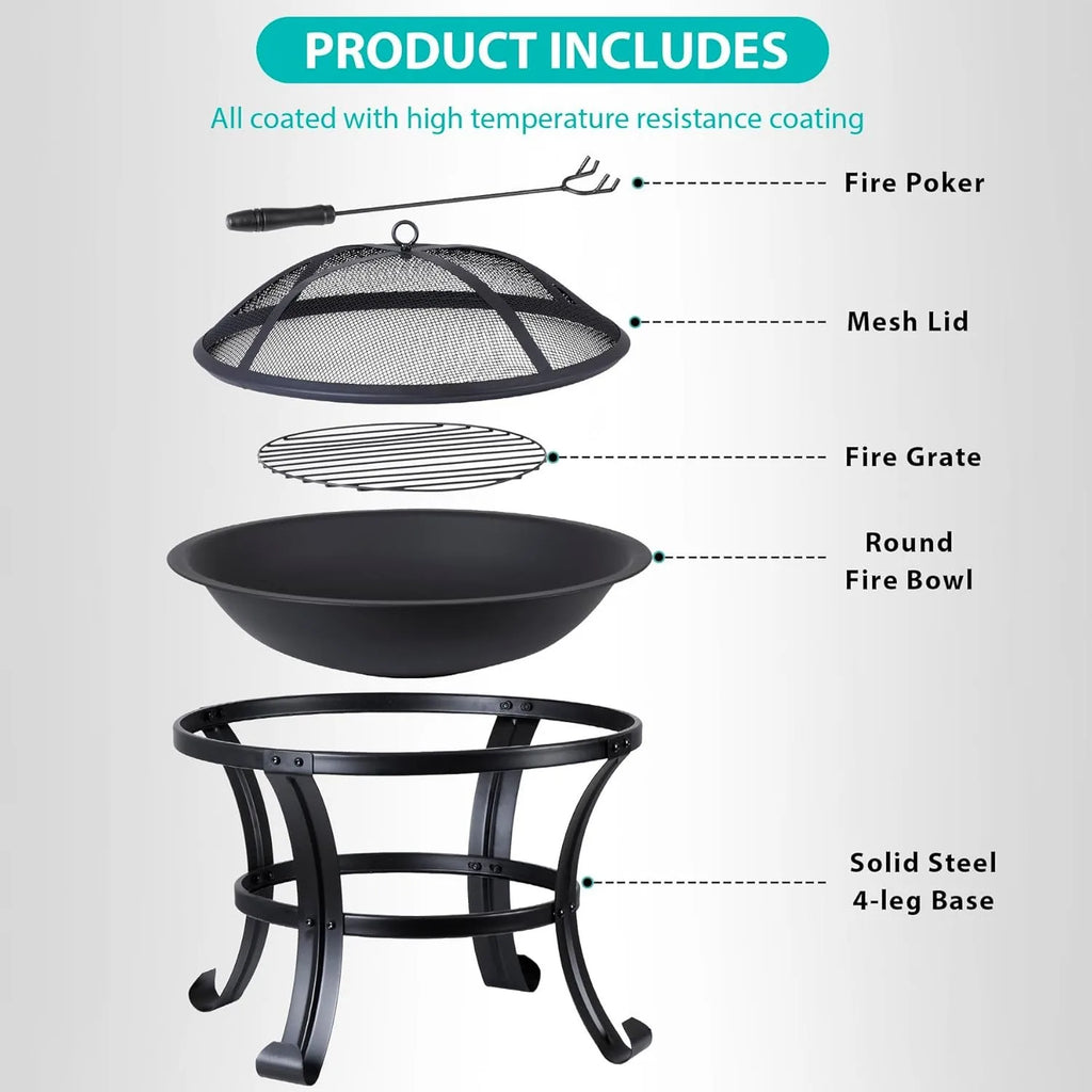 Fire pit includes mesh lid, fire poker, fire grate, round bowl, and 4-leg base