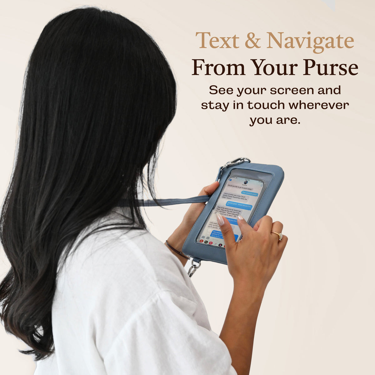 Blue phone clutch with lanyard strap and clear touch-screen window for smartphone use