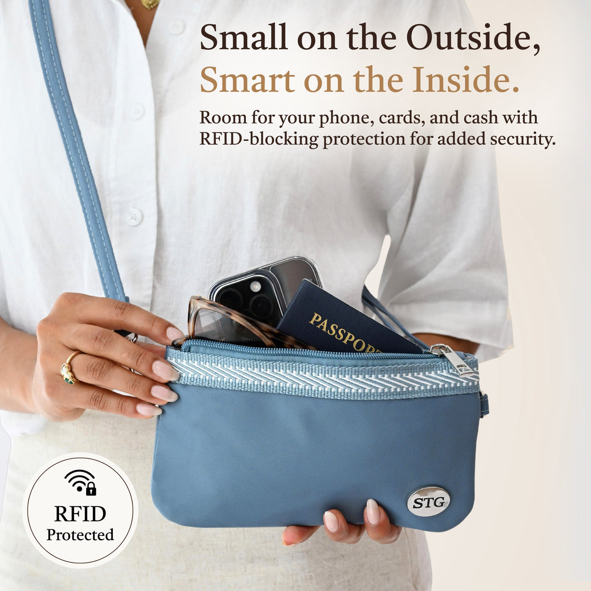 Blue phone clutch opened view with cards and passport inside and RFID logo badge