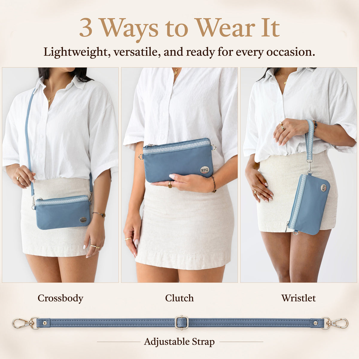 Blue clutch-style phone bag with adjustable strap, shown worn crossbody, clutch, and wrist
