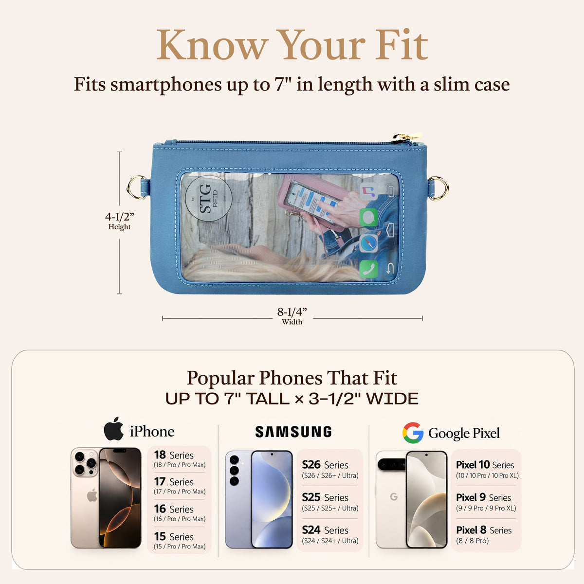 Blue phone clutch with touch-screen window sized for slim smartphones up to 7-inch