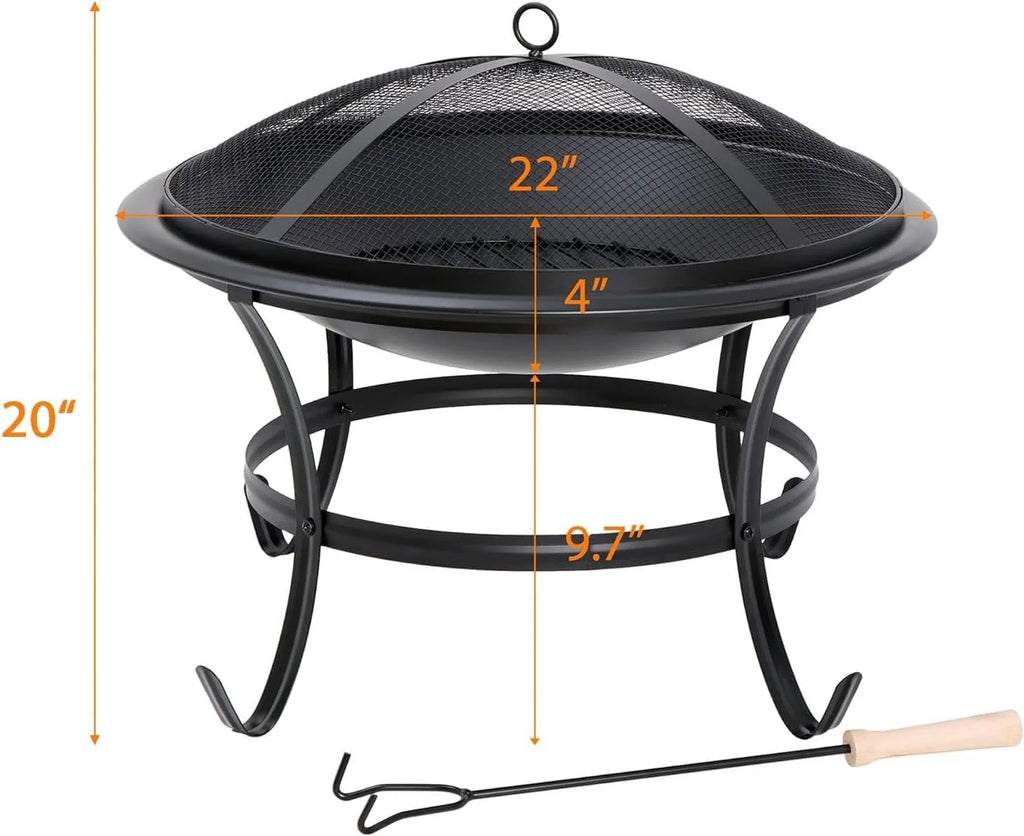 Black 22-inch fire pit with mesh lid, fire poker, and four-leg base