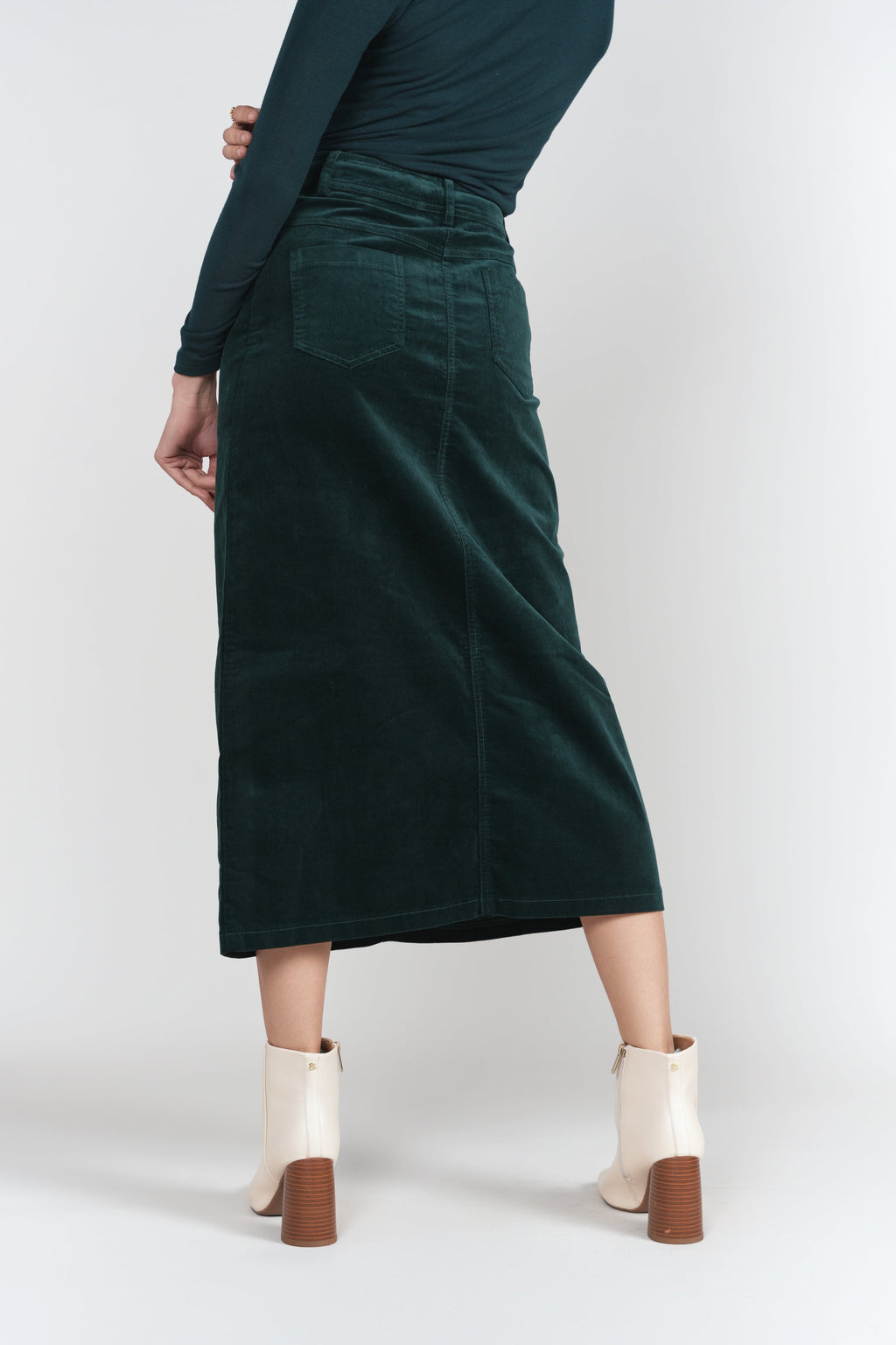 Emerald corduroy midi skirt with side panel detail