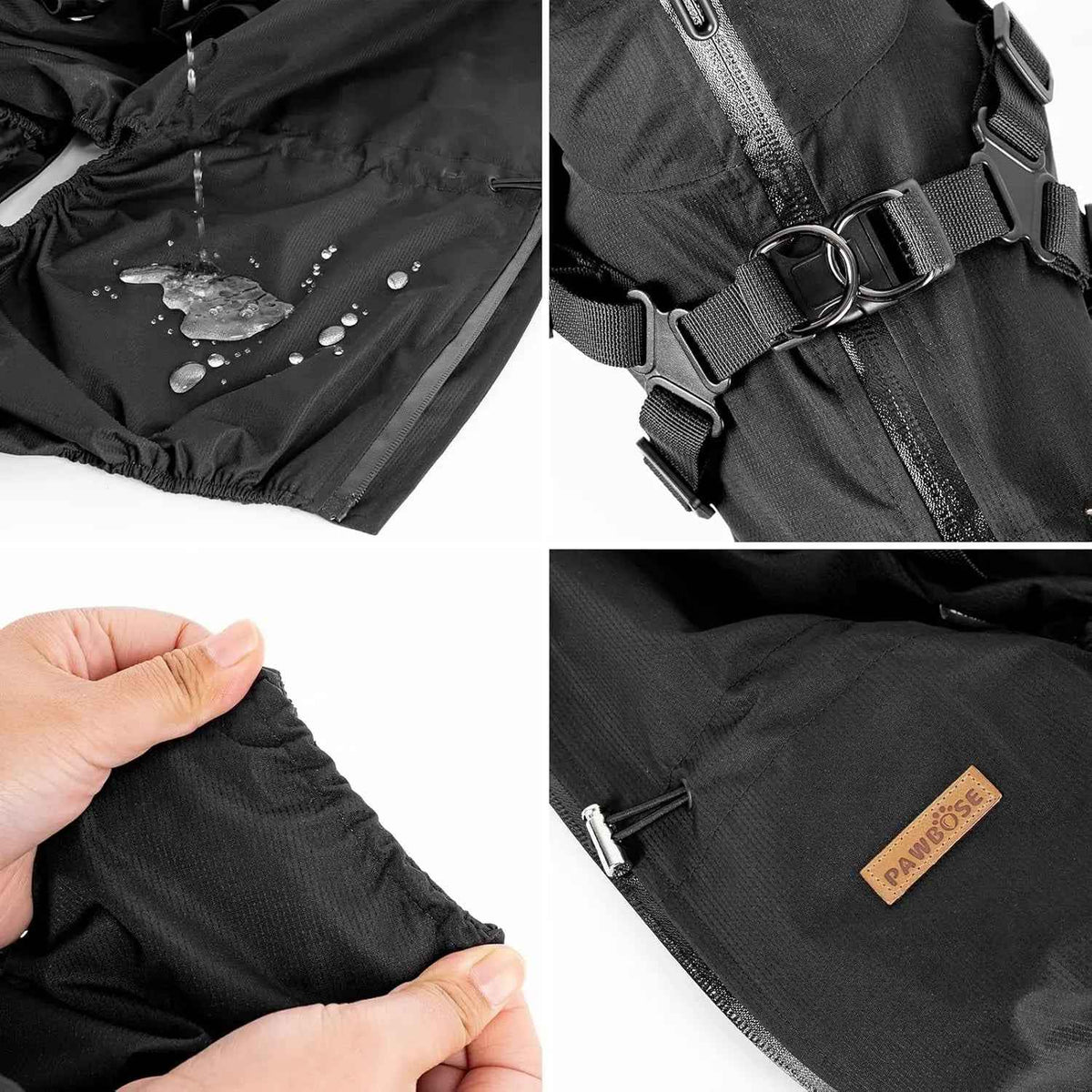 Close-up details of black dog raincoat fabric, water resistance, harness buckles and elastic cuffs