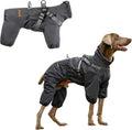 Dark gray four-leg dog raincoat with harness, shown on a dog and alone