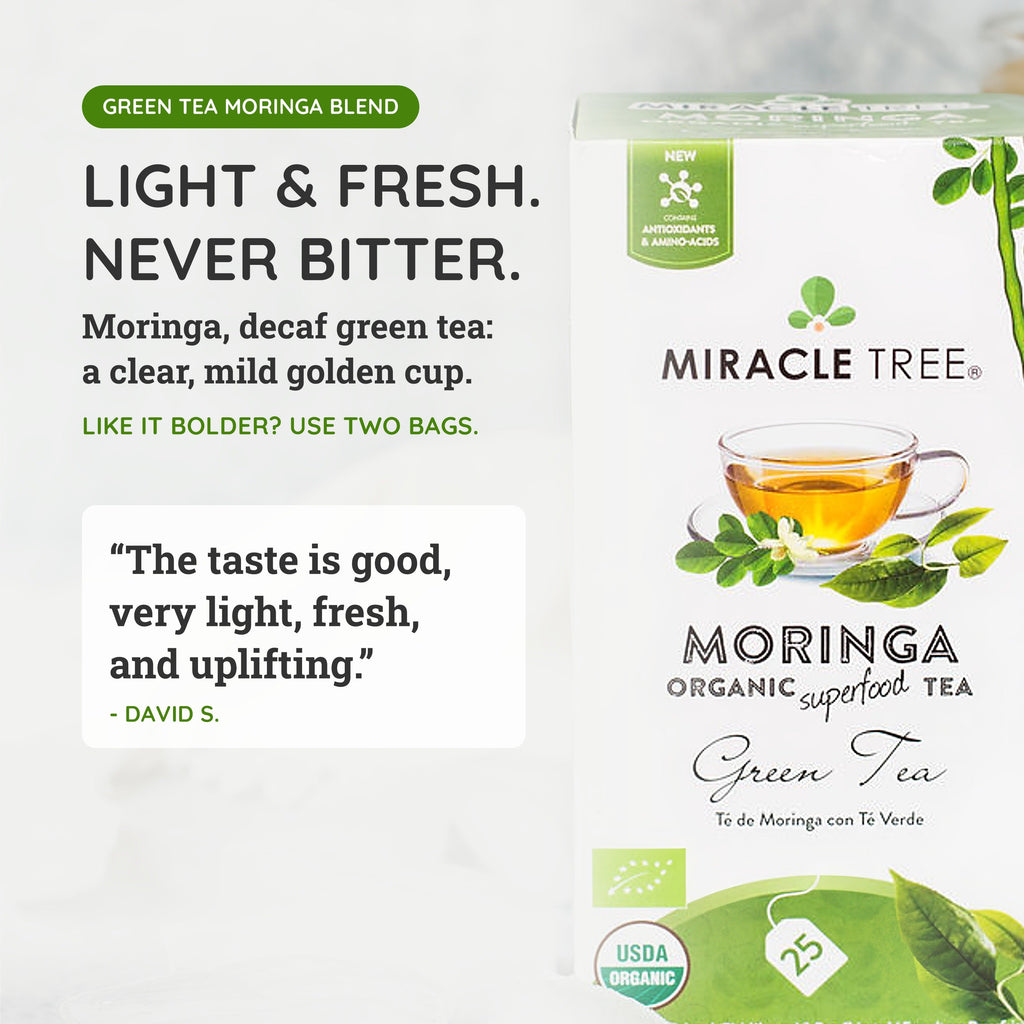 Miracle Tree moringa decaf green tea blend box with tea cup and light fresh graphic
