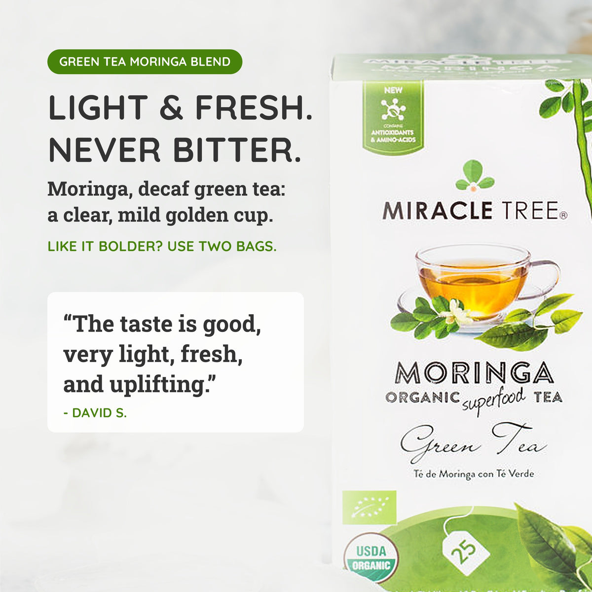 Miracle Tree moringa decaf green tea blend box with tea cup and light fresh graphic