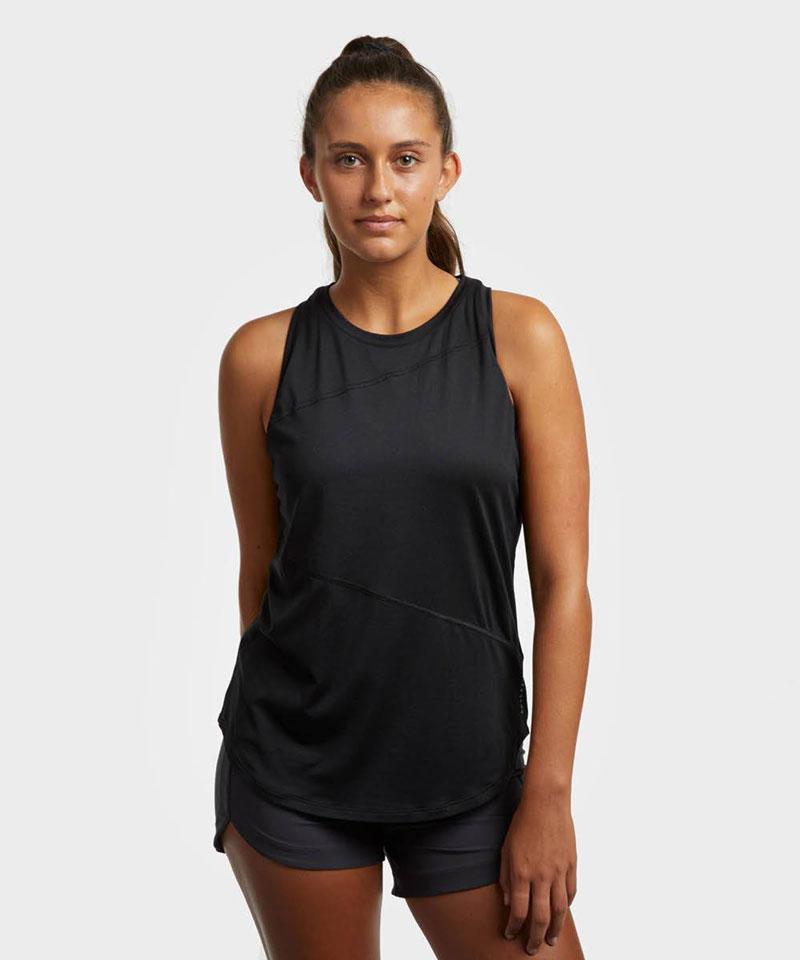 Women's workout tank top, black sleeveless scoop neck with diagonal seam detail