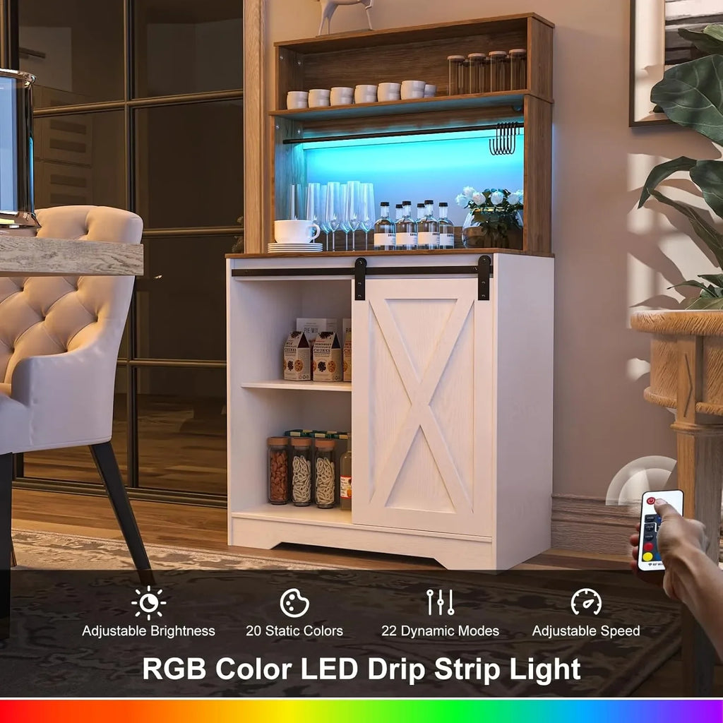 White coffee bar cabinet with glowing blue LED interior light and open mug storage