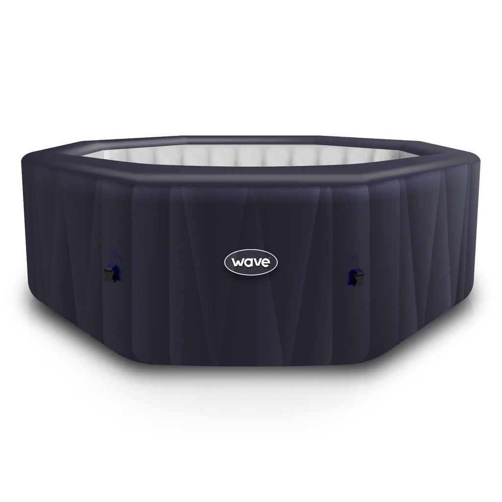 Navy octagonal inflatable hot tub with Wave logo and side control knobs