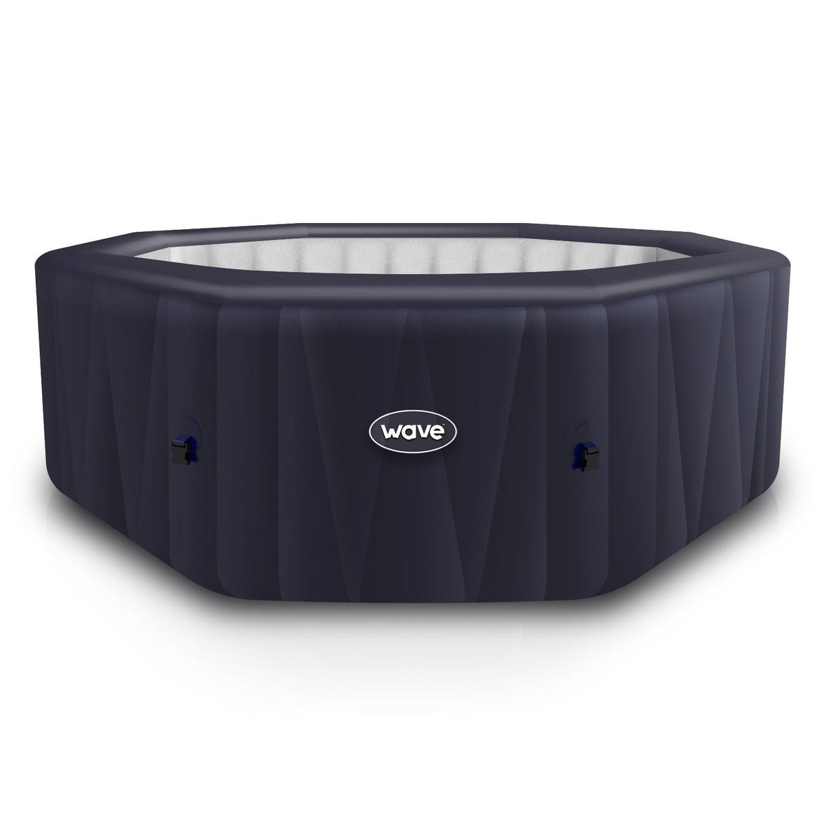 Navy octagonal inflatable hot tub with Wave logo and side control knobs