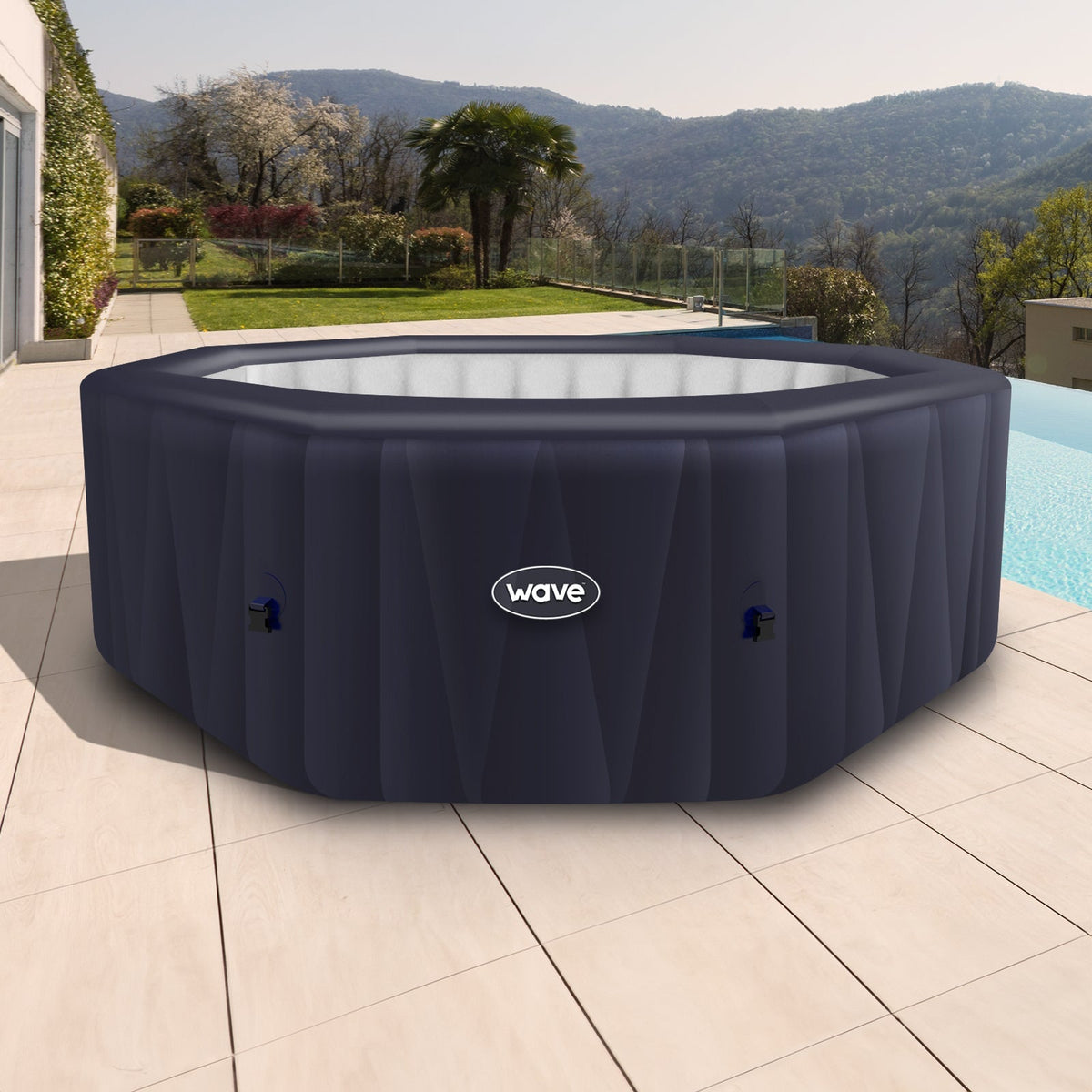 Navy octagonal inflatable hot tub with Wave logo and side water jets