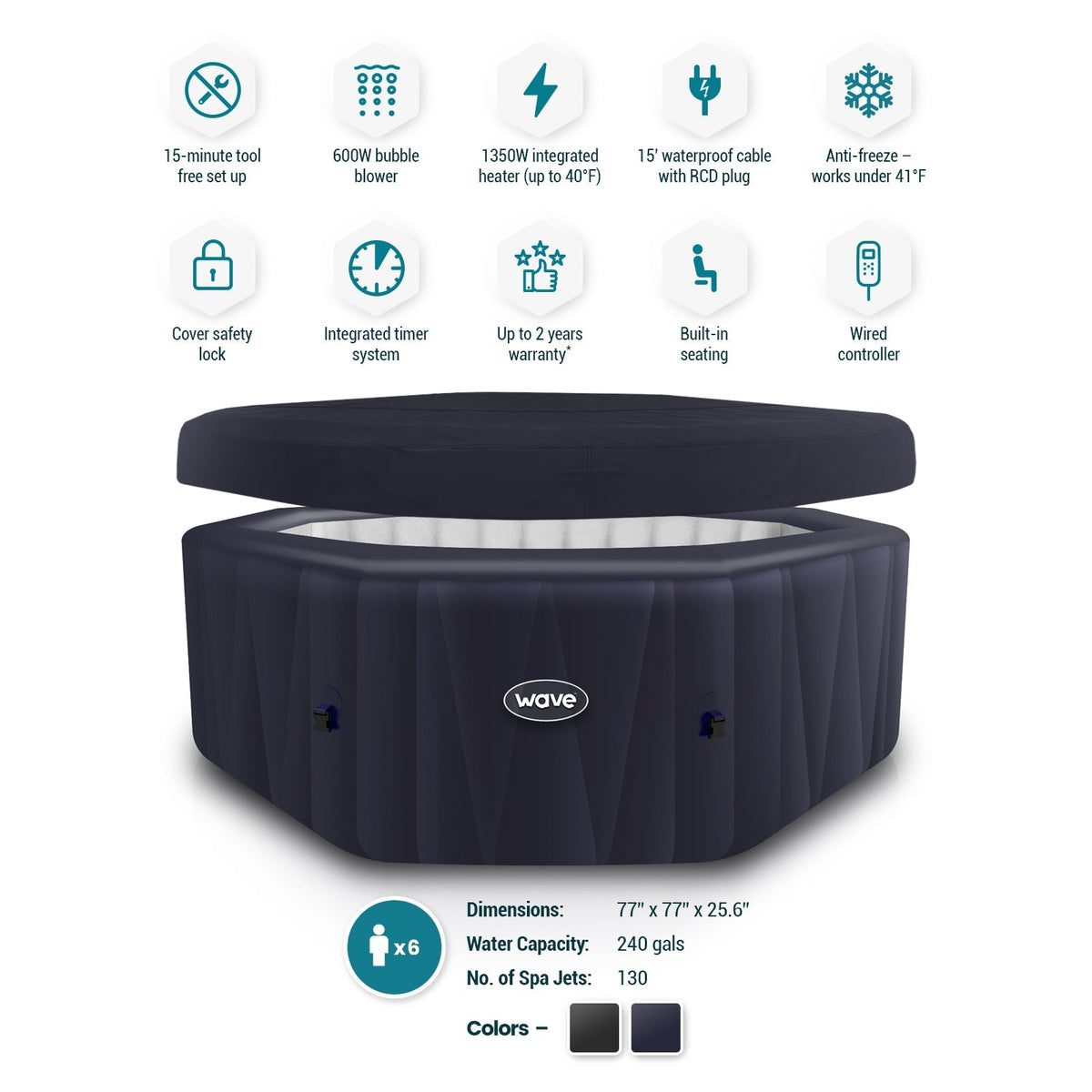 Navy octagonal inflatable hot tub with cover and Wave logo