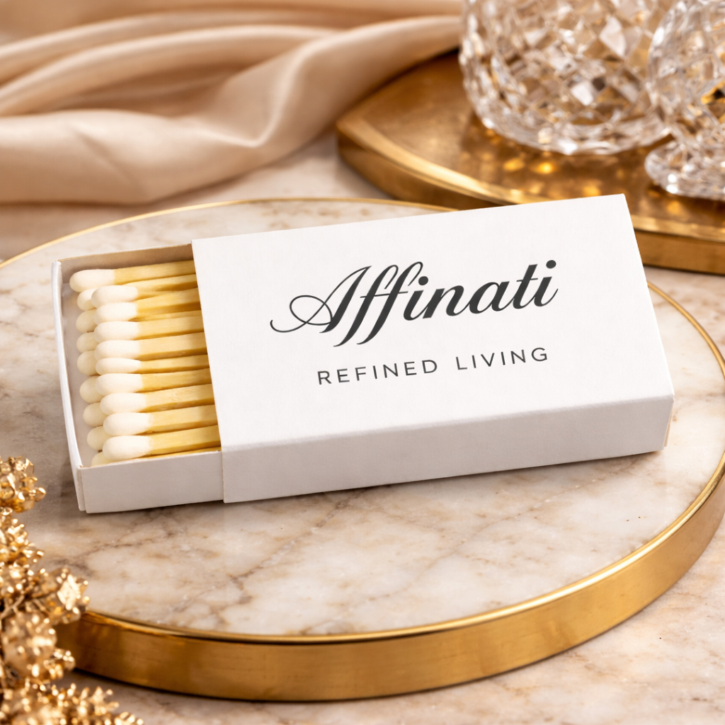 Affinati refined living matchbox with wooden matches on a gold tray