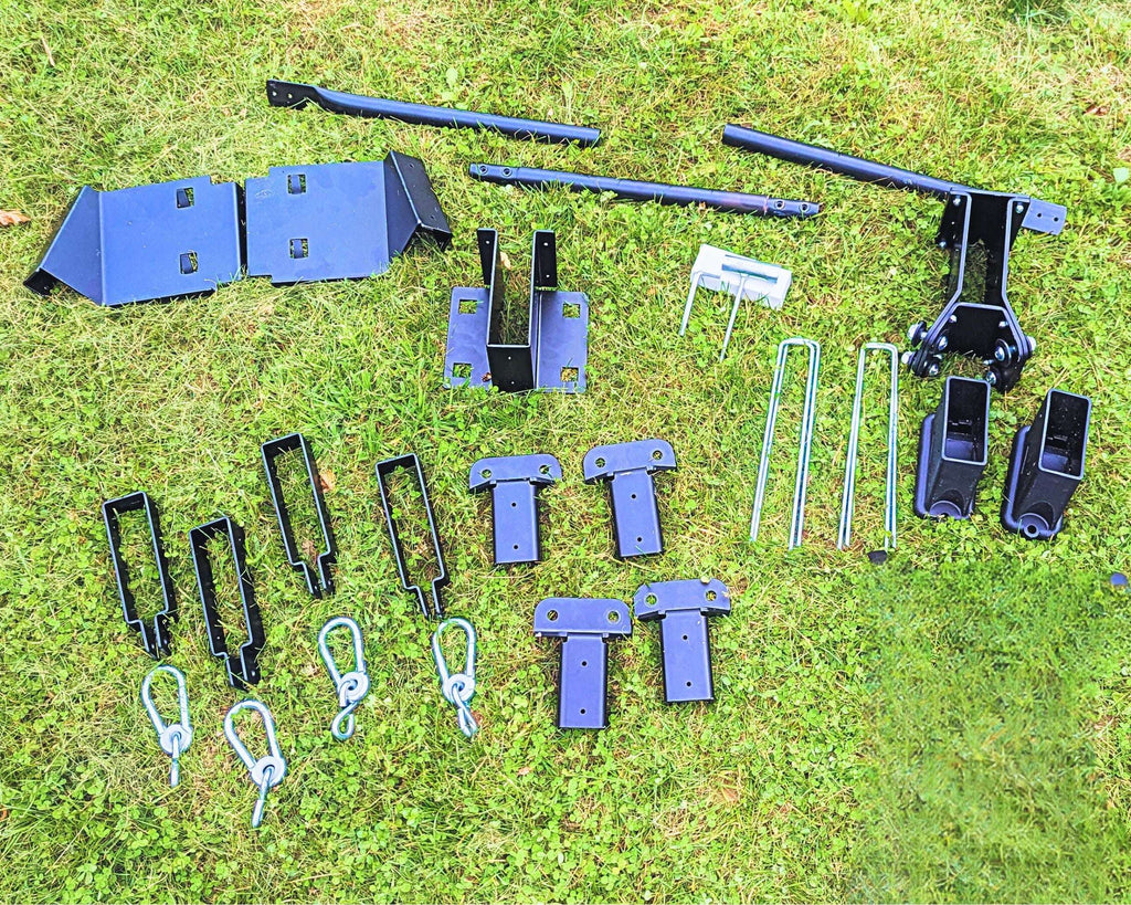 Swing arm adaptor hardware kit with brackets, pins, and sway mounts