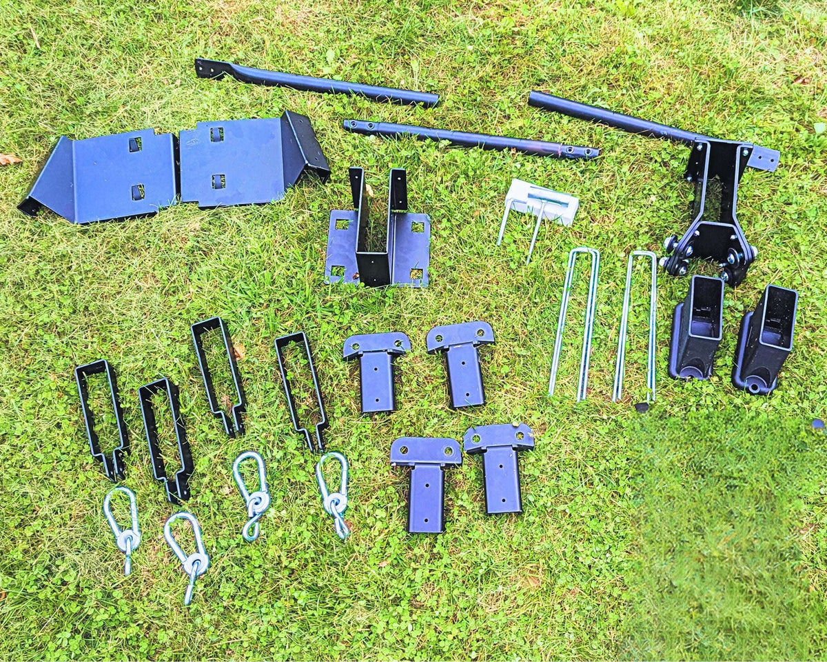 Swing arm adaptor hardware kit with brackets, pins, and sway mounts