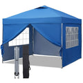 Blue pop-up canopy tent with sidewalls, zip doors, and screened window panels