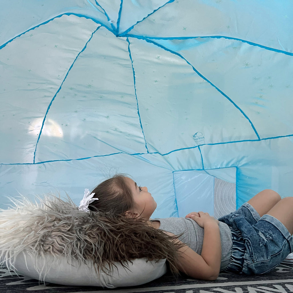 Blue inflatable dome play tent with constellation print