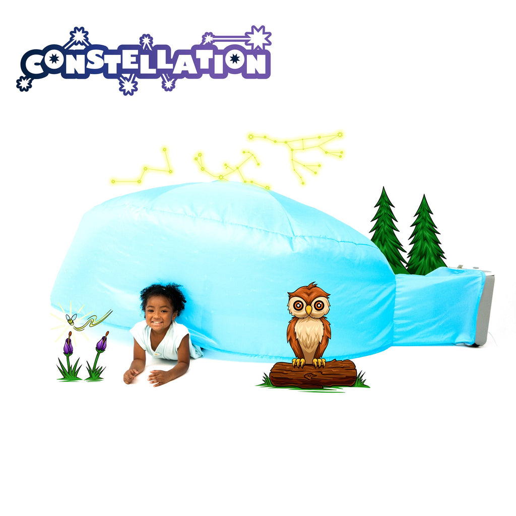 Blue inflatable air fort dome with constellation print and owl graphic on front