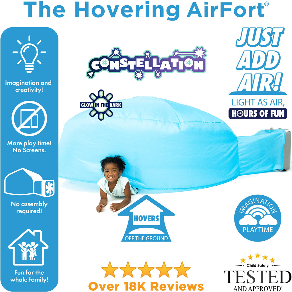 Blue inflatable air fort dome with starry glow pattern and open entrance