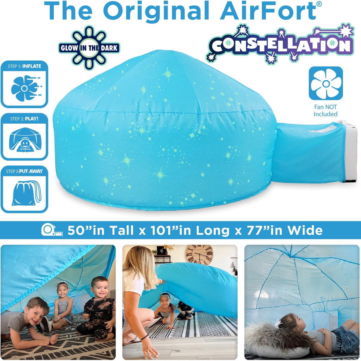 Blue glowing constellation inflatable air fort with rounded dome and side opening