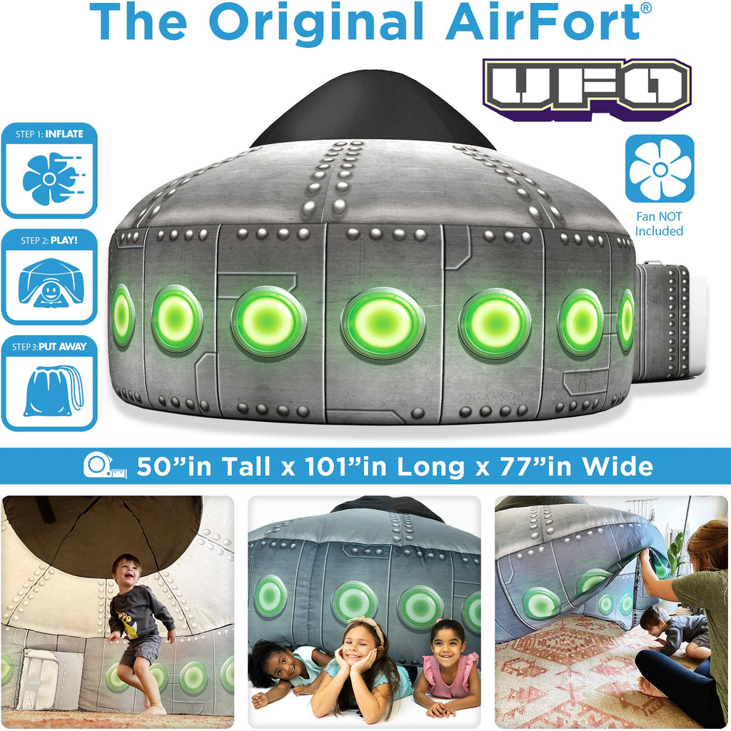 Inflatable UFO play tent with dark gray fabric, green LED-style lights, and side tube