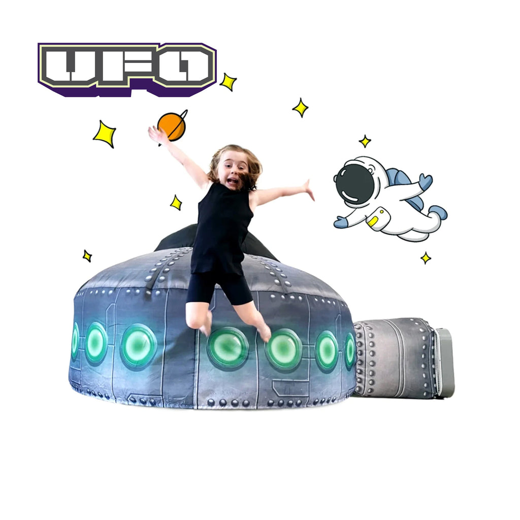 Inflatable UFO play tent with glowing green circular lights and rounded dome center