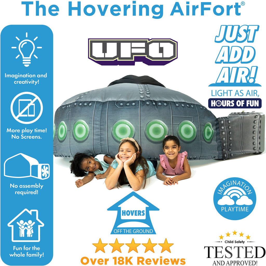 Inflatable UFO hovering play tent with glowing green circular lights and rounded dome