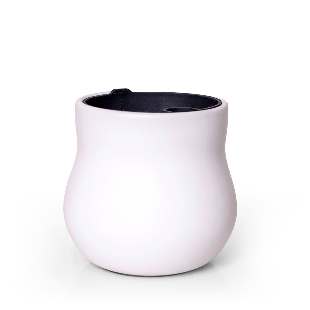 Alabaster white ceramic plant pot with black rubber liner insert, open top