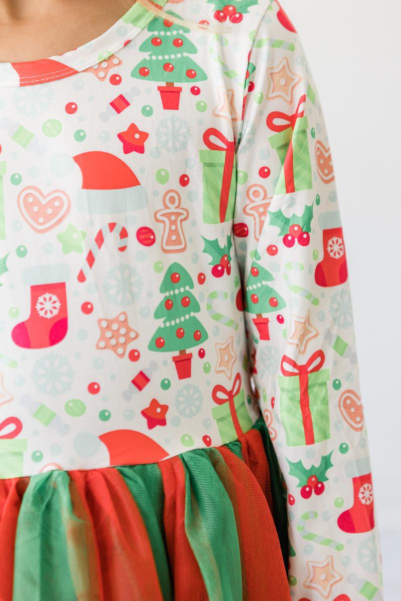 Girls long-sleeve holiday print top with multicolor striped tulle tutu skirt