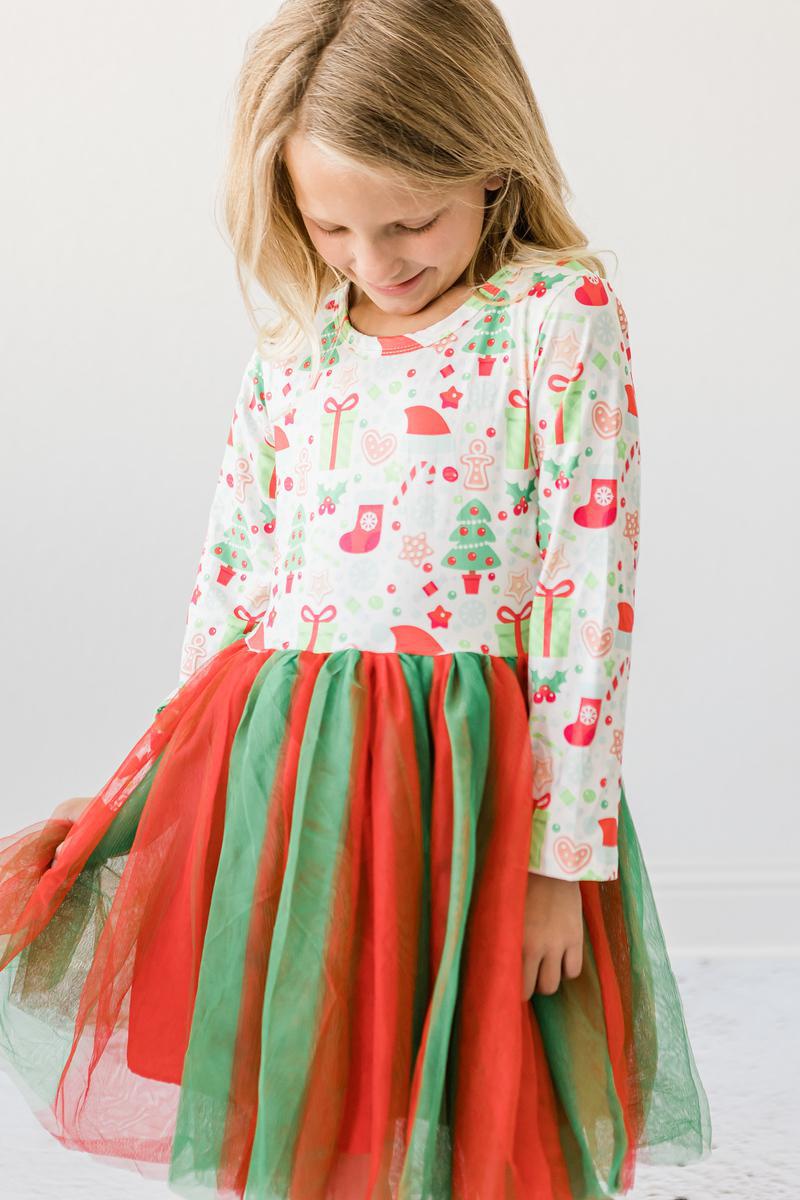 Girls long-sleeve tutu dress with wide green-and-red striped tulle skirt