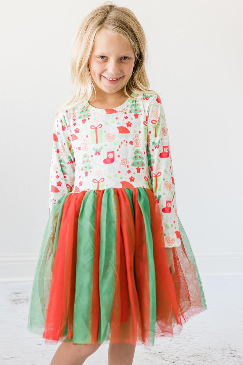 Girls long-sleeve tutu dress in white with colorful holiday motifs and striped tulle