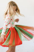 Girls long-sleeve tutu dress with white holiday print and red-green striped skirt