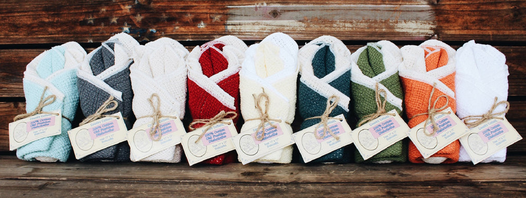 Cotton dishcloth set, assorted colors with folded 11" x 11" cloths