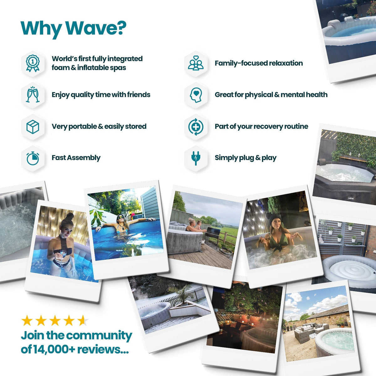 Inflatable hot tub promotional graphic with multiple lifestyle photos