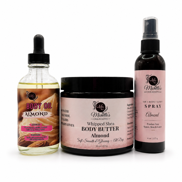 Almond body oil, whipped body butter jar, and air-body spray (3-piece set)