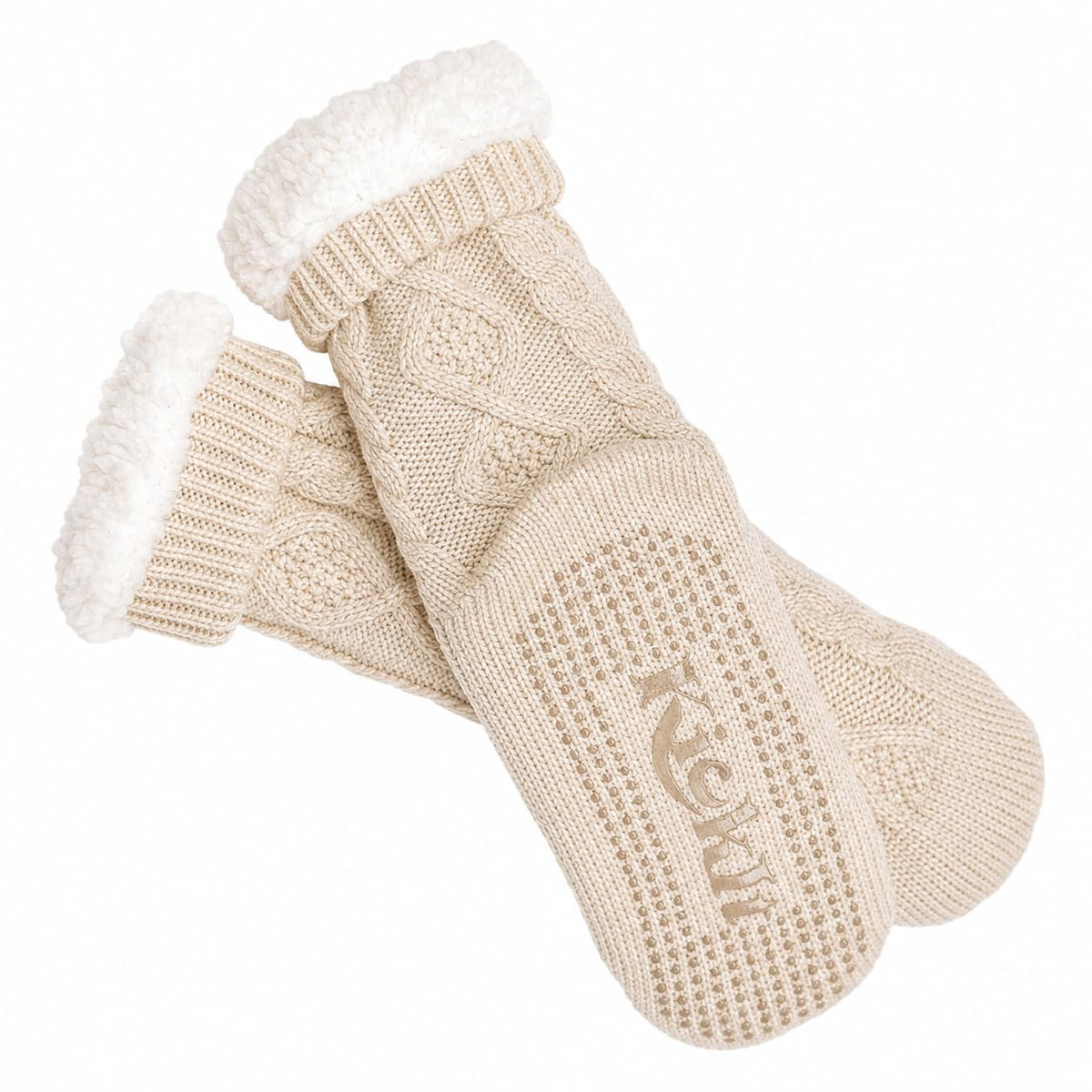 Oatmeal slipper socks with fuzzy cuffs and ribbed knit ankle