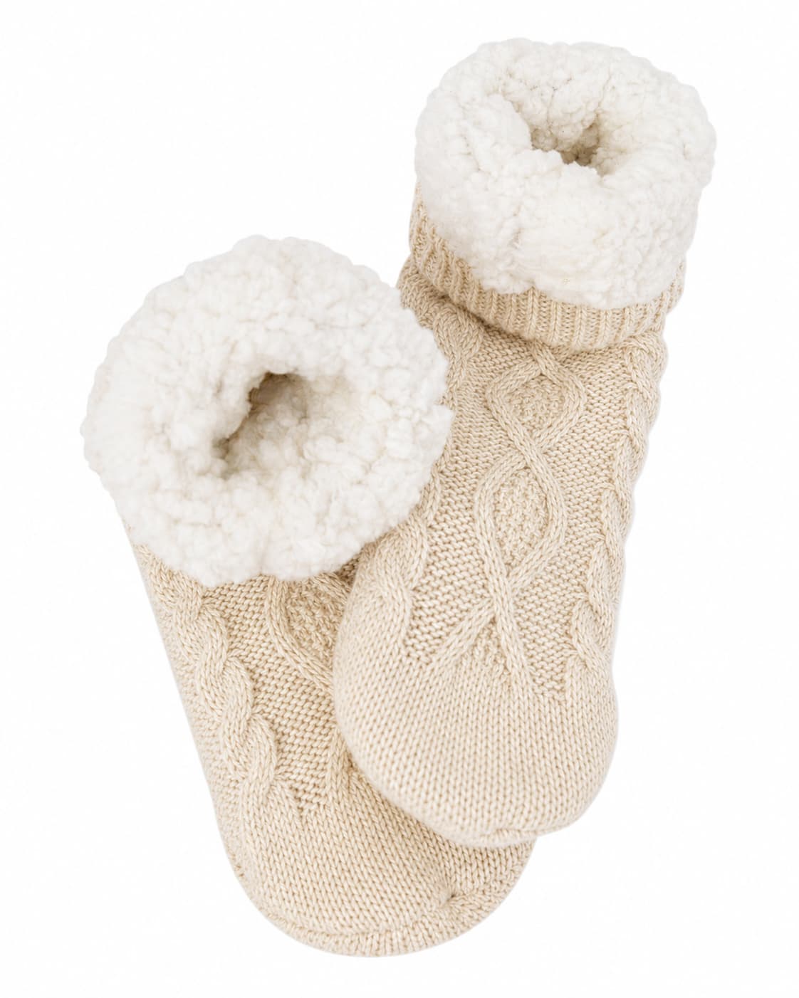Oatmeal slipper socks with sherpa cuffs and cable-knit texture