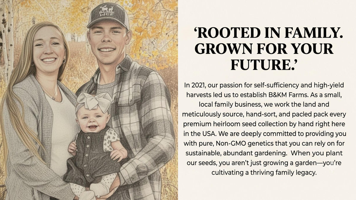 Family portrait with B&KM Farms style seed program text on background
