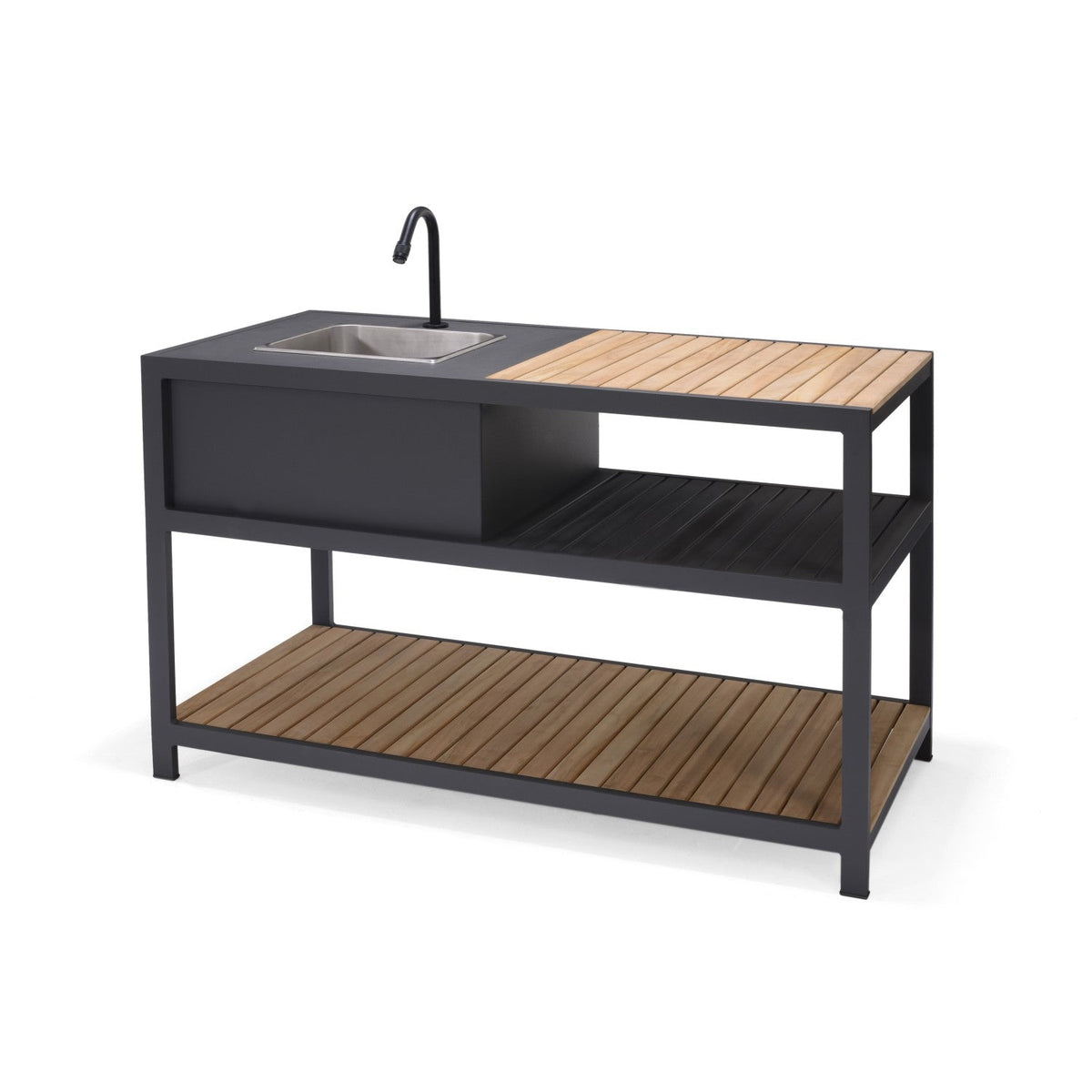 Outdoor kitchen island with stainless sink, black faucet, gray cabinet, and wood worktop