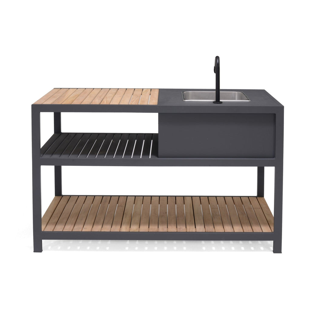 Outdoor kitchen island with sink, wood top, open slatted shelf and lower wood deck