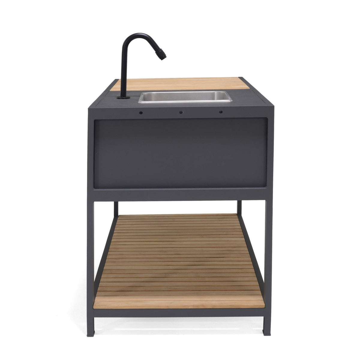 Outdoor kitchen island with stainless sink, black faucet, gray cabinet and wood base shelf