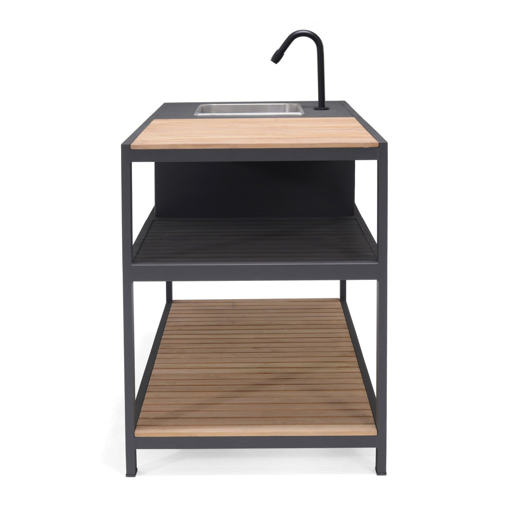 Outdoor kitchen island with sink, black faucet, wood countertop and two open storage shelves