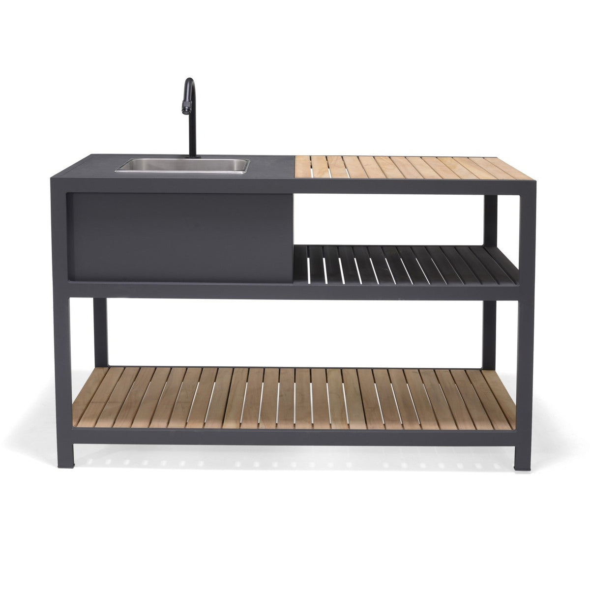 Outdoor kitchen island with stainless sink and faucet, gray cabinet and slatted bottom shelf
