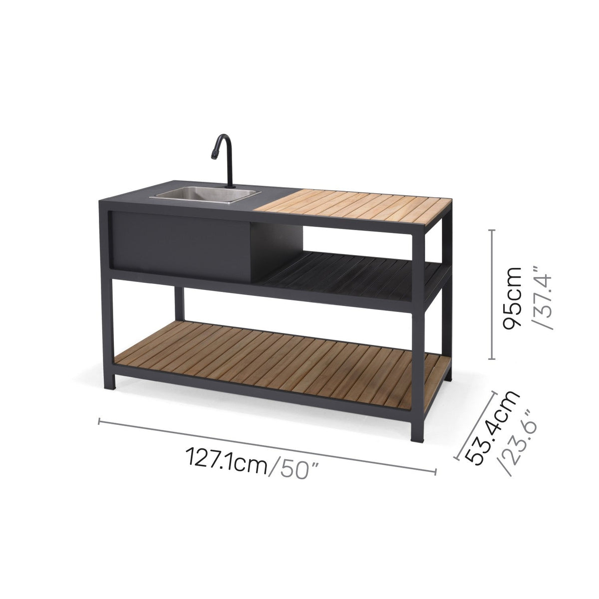 Outdoor kitchen island with sink and faucet, wood countertop, shown with size diagram