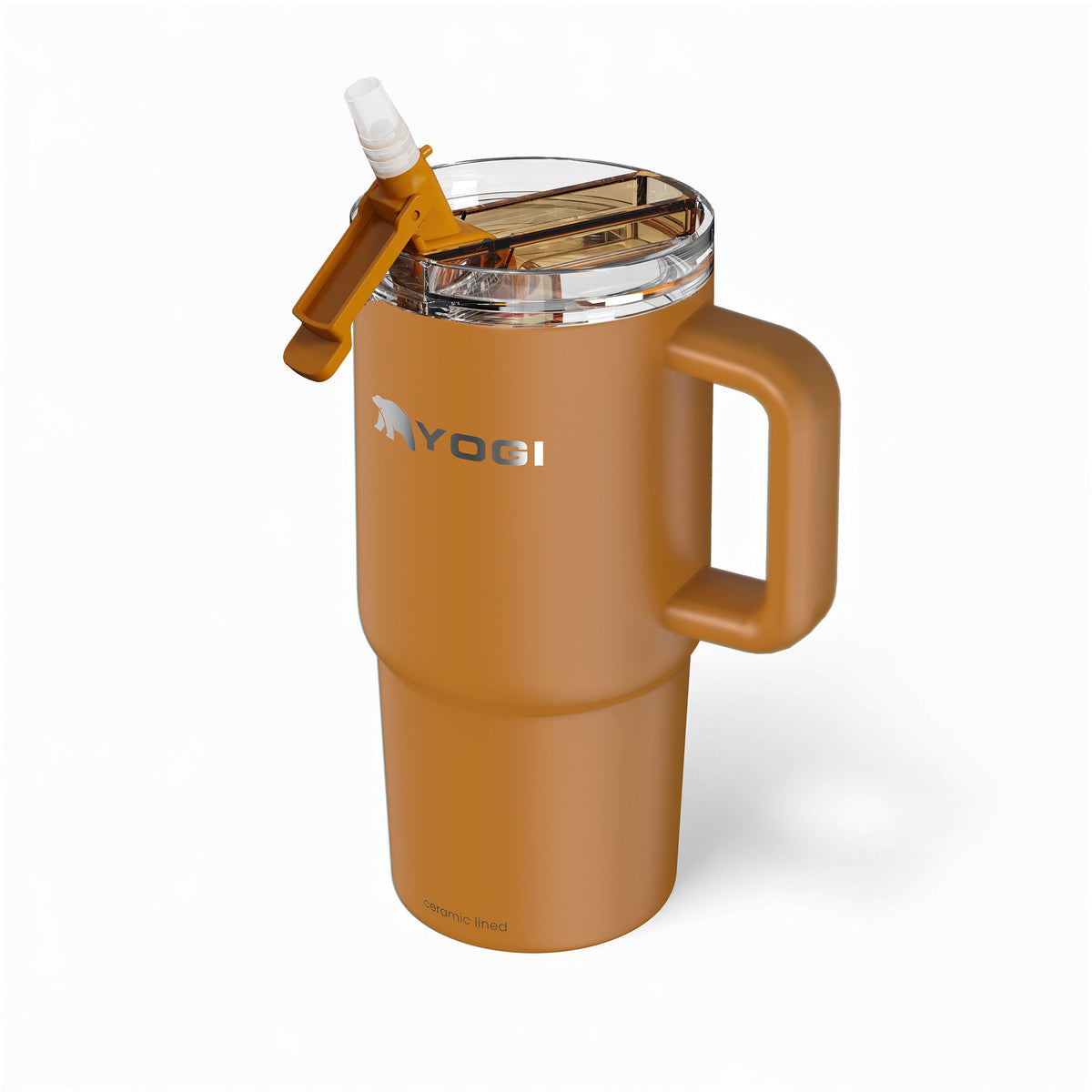 Amberwood tumbler with handle and open flip lid, straw spout visible